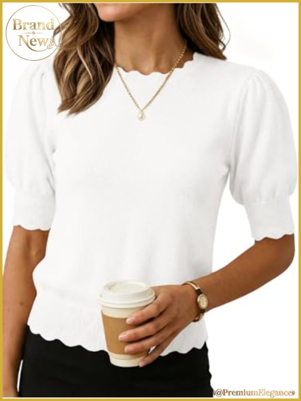 Women's Puff Short Sleeve Sweater Scalloped Crewneck Lightweight Knit